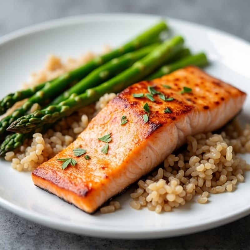 Seared Salmon Fillet with Steamed Asparagus and Brown Rice