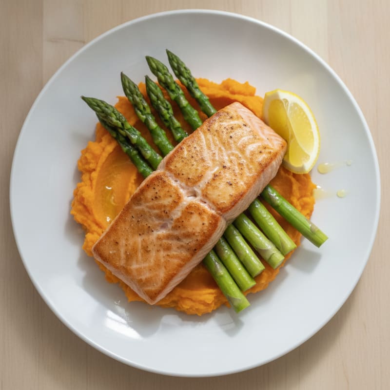 Seared Salmon with Steamed Asparagus and Sweet Potato Mash