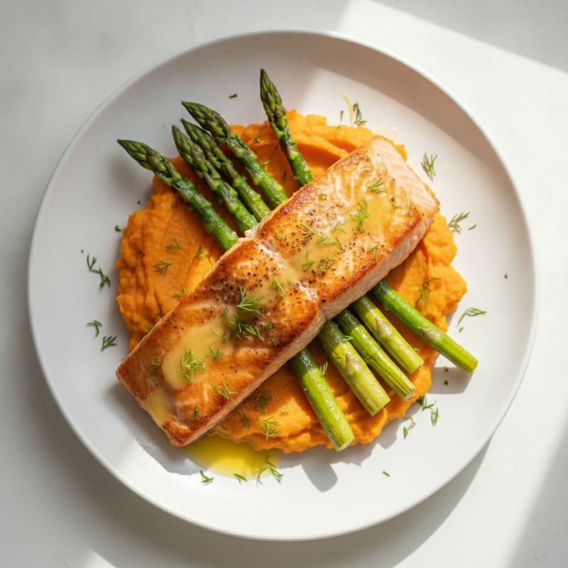 Seared Salmon Fillet with Roasted Asparagus and Sweet Potato Mash