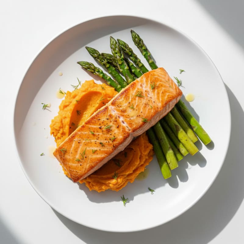 Seared Salmon with Roasted Asparagus and Sweet Potato Mash
