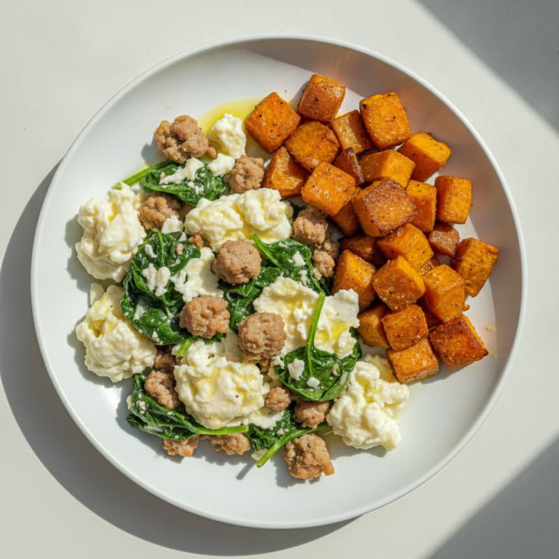 Egg White and Turkey Sausage Scramble with Spinach and Roasted Sweet Potatoes