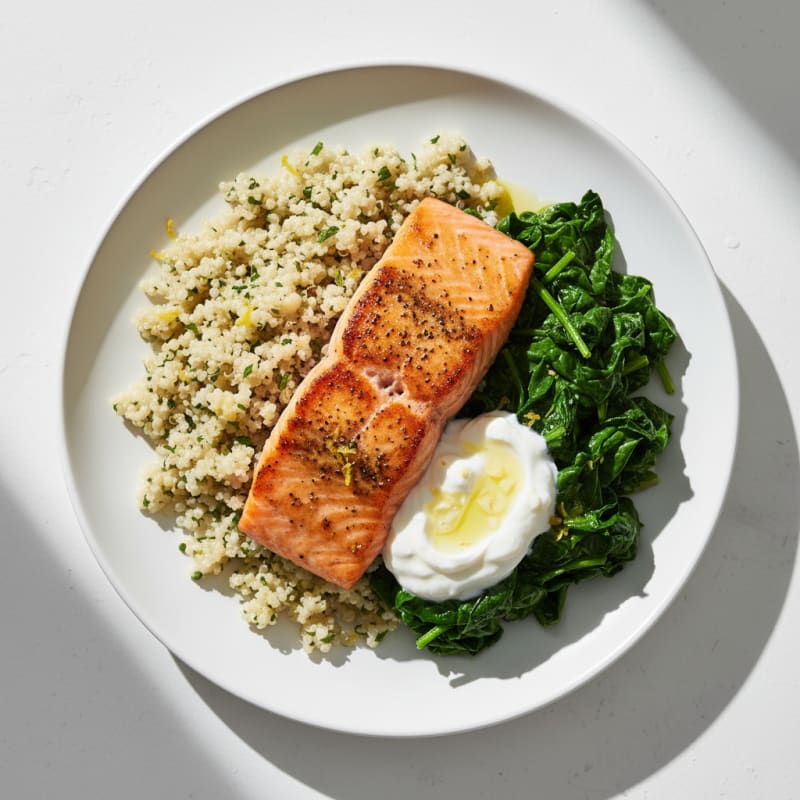 Pan-Seared Salmon with Sautéed Spinach and Lemon Zest Quinoa