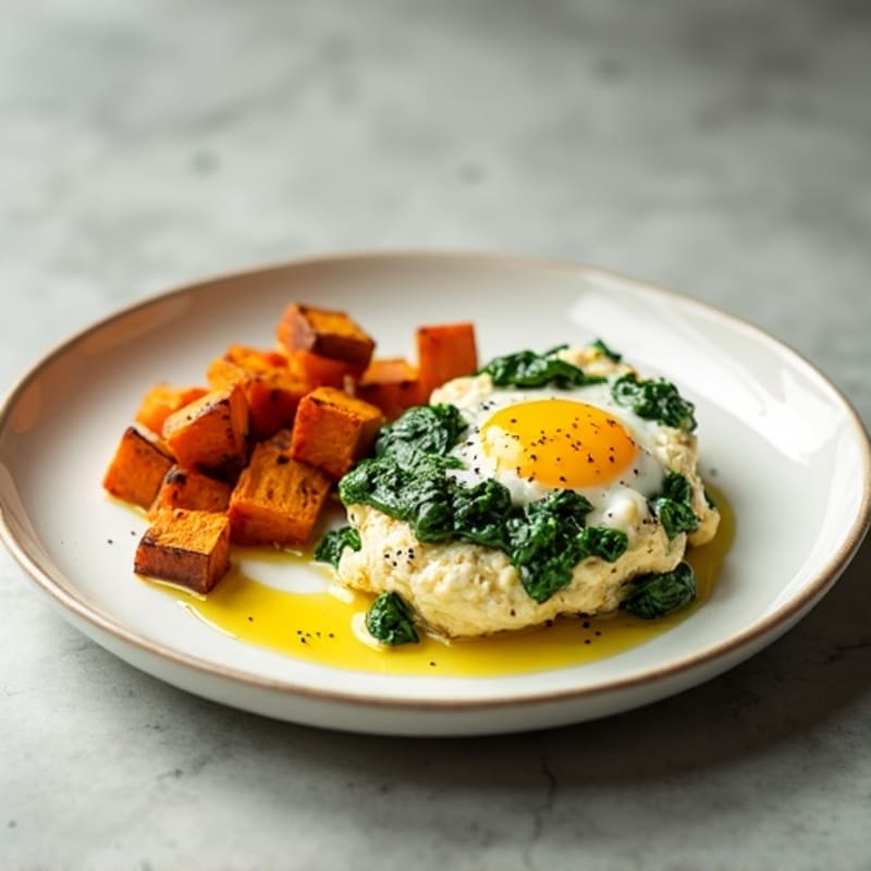 Egg White and Cottage Cheese Scramble with Spinach and Roasted Sweet Potato