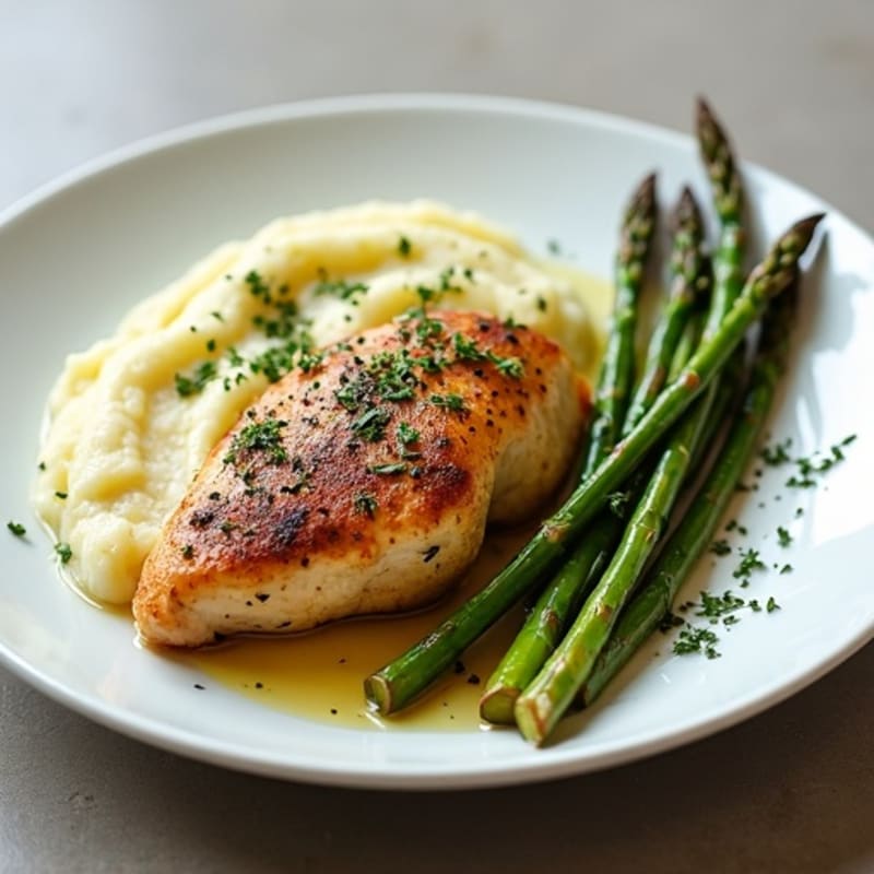 Herb-Roasted Chicken with Creamy Mashed Potatoes and Roasted Asparagus