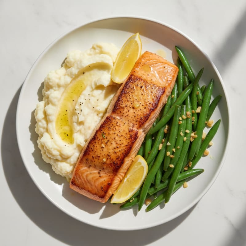Seared Salmon with Garlic Green Beans and Mashed Cauliflower