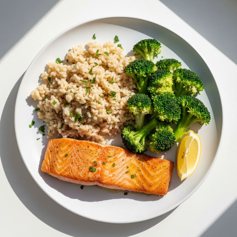 Seared Salmon with Steamed Broccoli and Herbed Brown Rice
