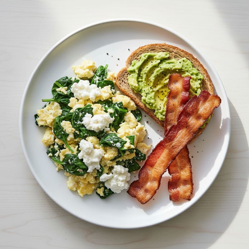 Egg White Spinach Scramble with Cottage Cheese and Turkey Bacon
