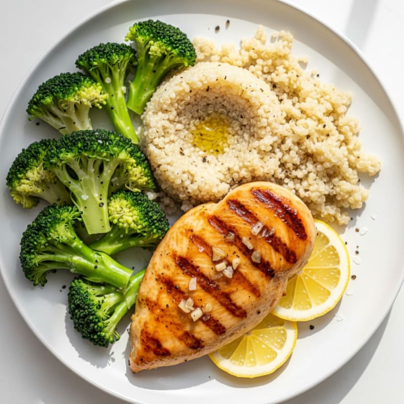 Grilled Lemon-Garlic Chicken Breast with Steamed Broccoli and Quinoa