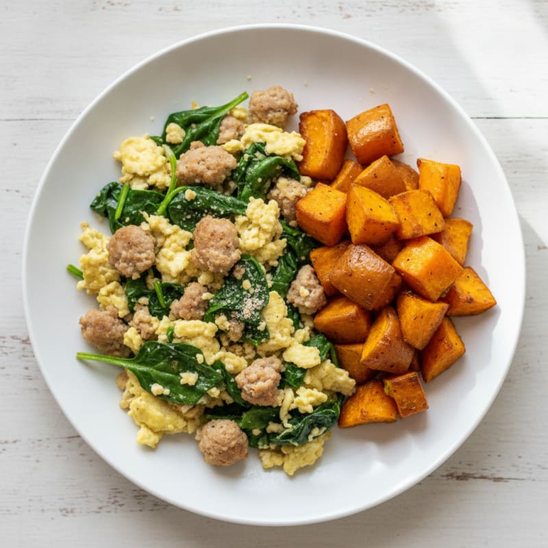 Egg White and Turkey Sausage Scramble with Spinach and Roasted Sweet Potatoes