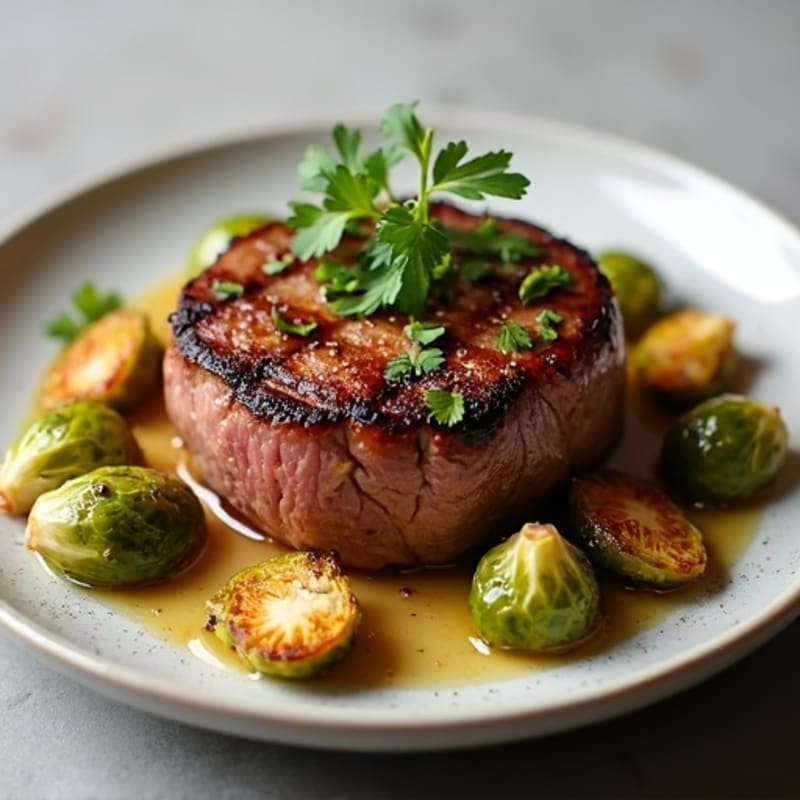 Pan-Seared Filet Mignon with Crispy Roasted Brussels Sprouts
