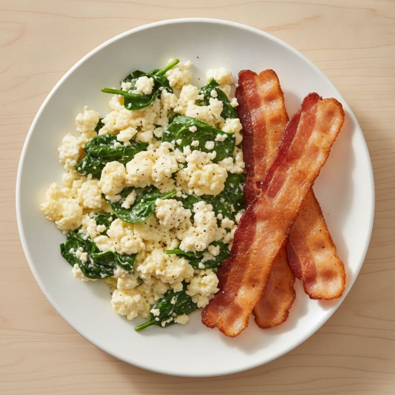 Cottage Cheese Egg Scramble with Spinach and Turkey Bacon