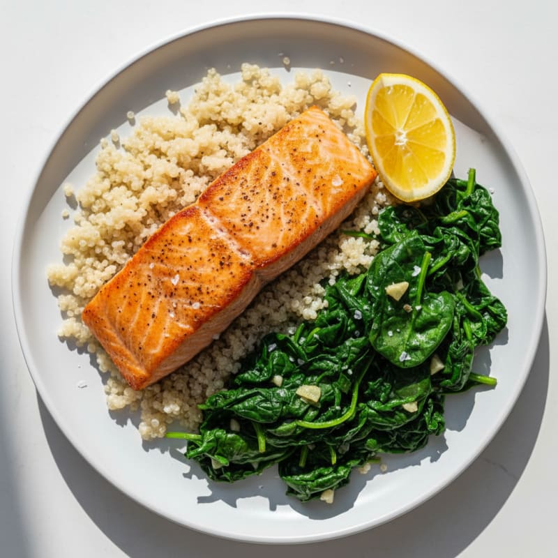 Seared Salmon with Garlic Spinach and Quinoa