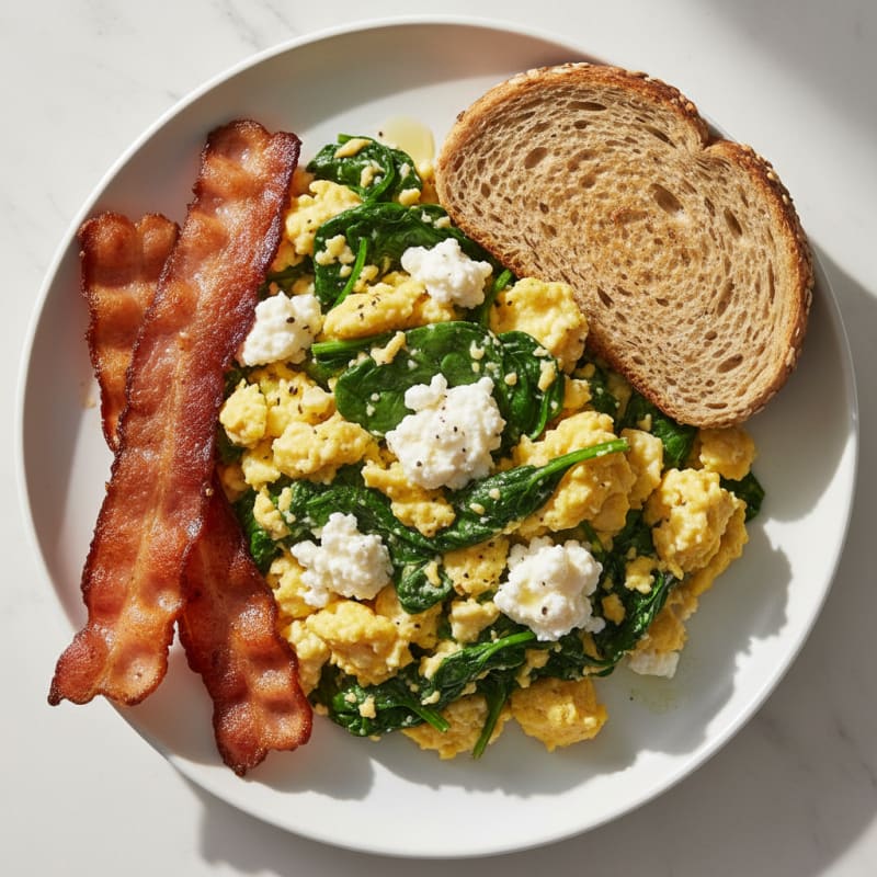 Cottage Cheese Scramble with Spinach and Turkey Bacon