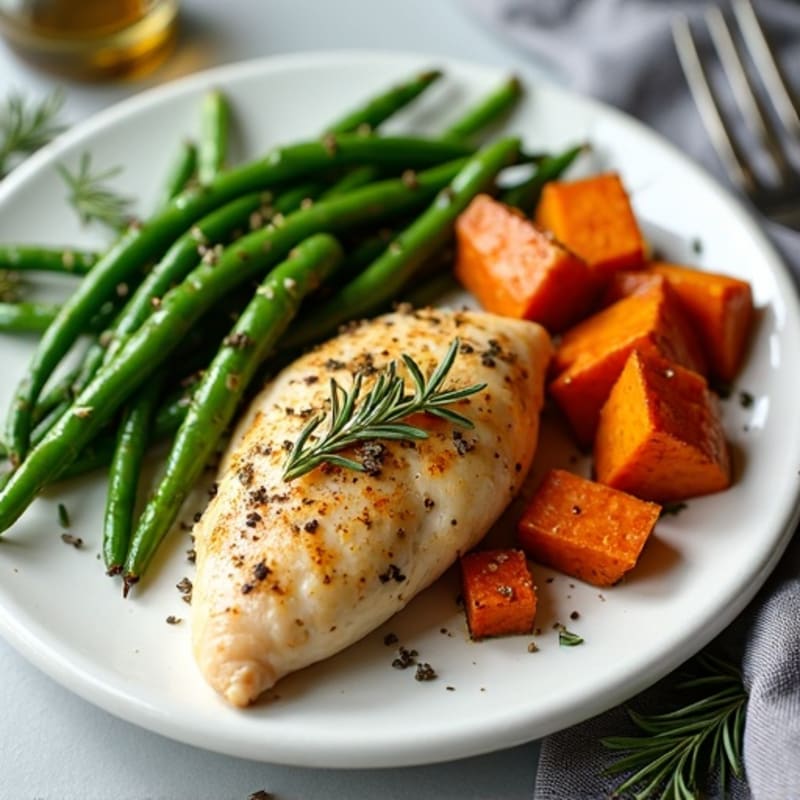 Herb-Roasted Chicken with Roasted Sweet Potatoes and Crispy Green Beans