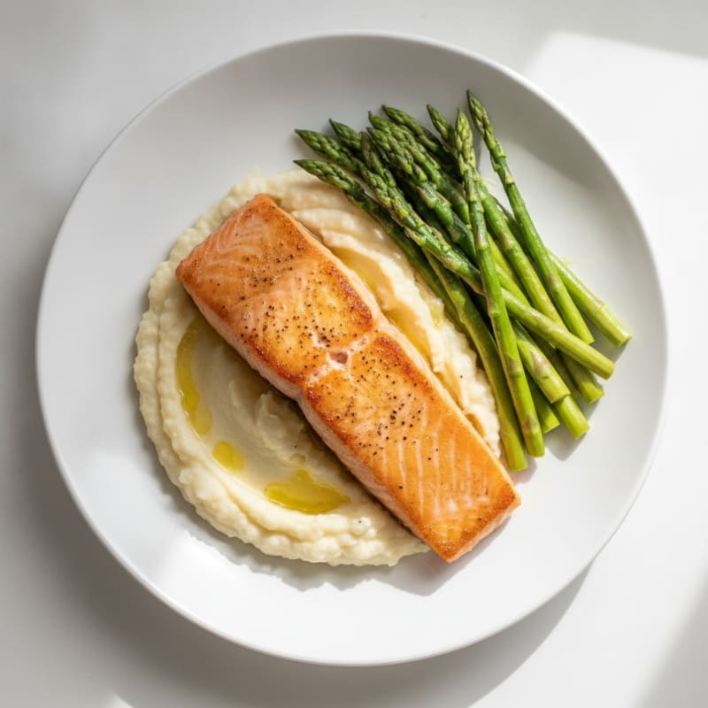 Seared Salmon with Steamed Asparagus and Cauliflower Mash