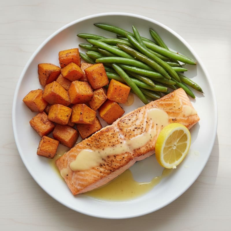 Seared Salmon Fillet with Roasted Sweet Potato and Green Beans