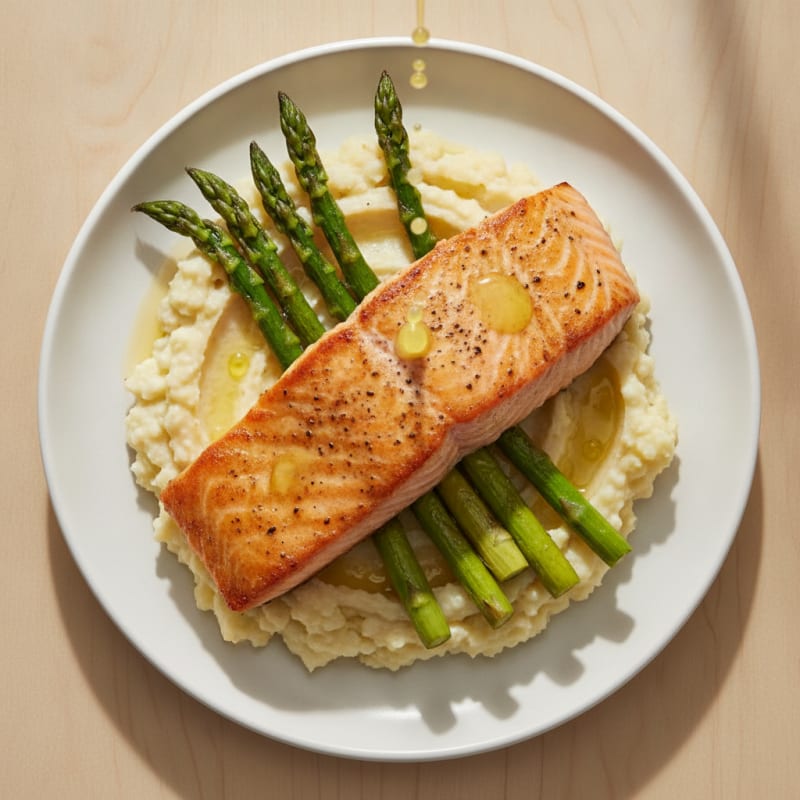 Seared Salmon Fillet with Roasted Asparagus and Cauliflower Mash