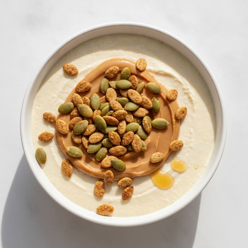 Creamy Vanilla Protein Pudding with Peanut Butter and Pumpkin Seeds