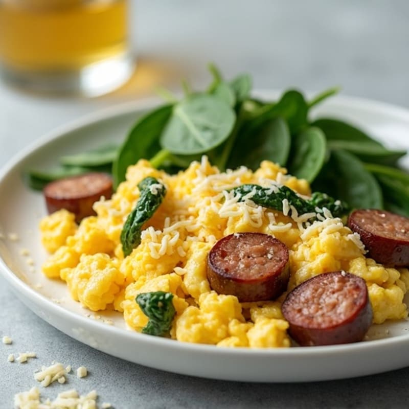 Egg White Scramble with Turkey Sausage and Sautéed Spinach