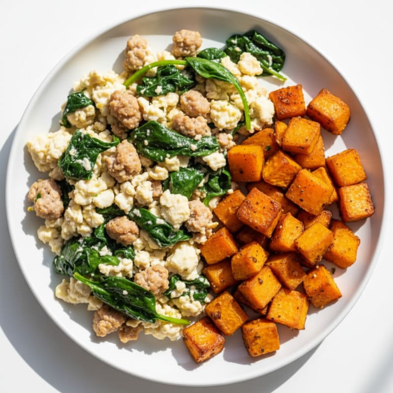 Egg White and Turkey Sausage Scramble with Spinach and Roasted Sweet Potato