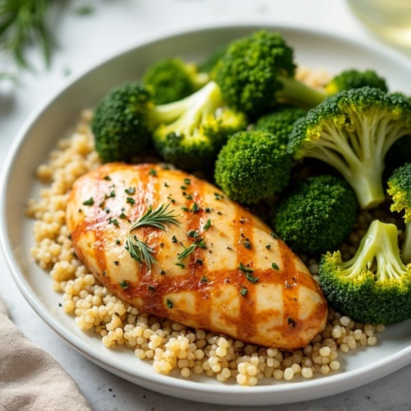 Lemon-Herb Roasted Chicken with Crispy Roasted Broccoli and Quinoa