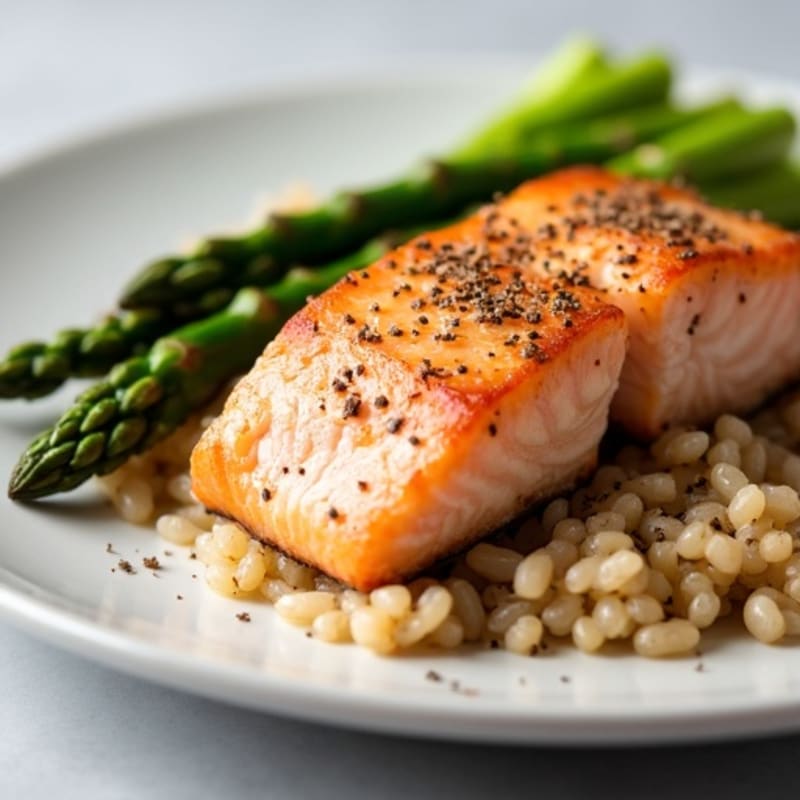 Seared Salmon Filet with Steamed Asparagus and Brown Rice
