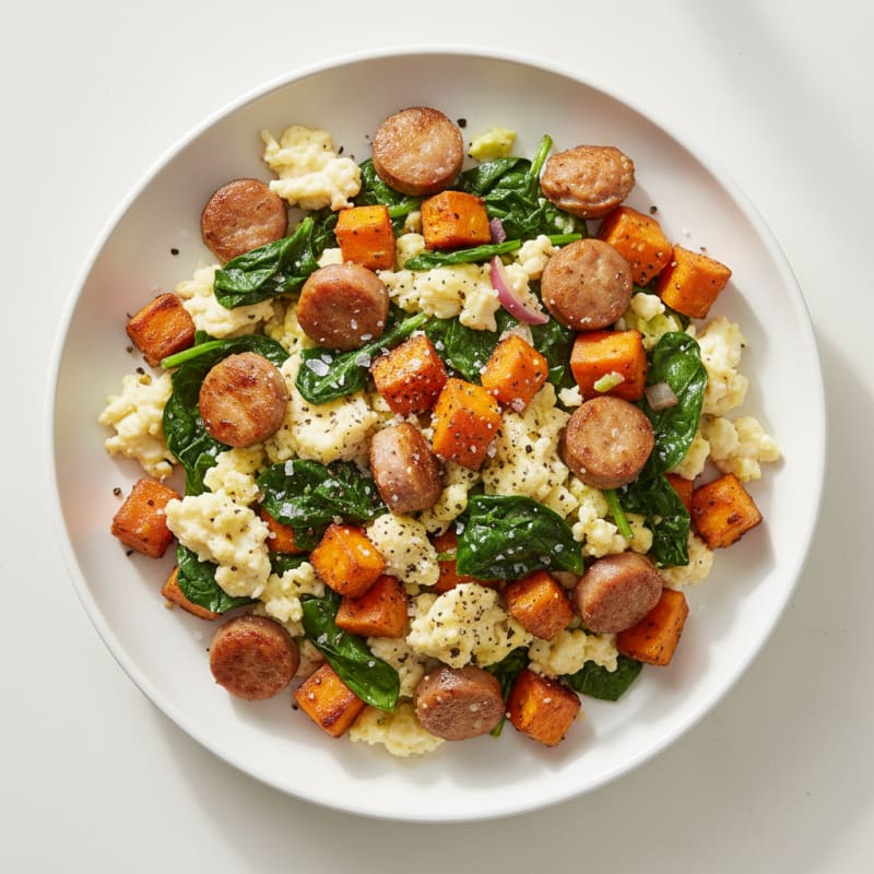 Egg White and Turkey Sausage Scramble with Spinach and Sweet Potato