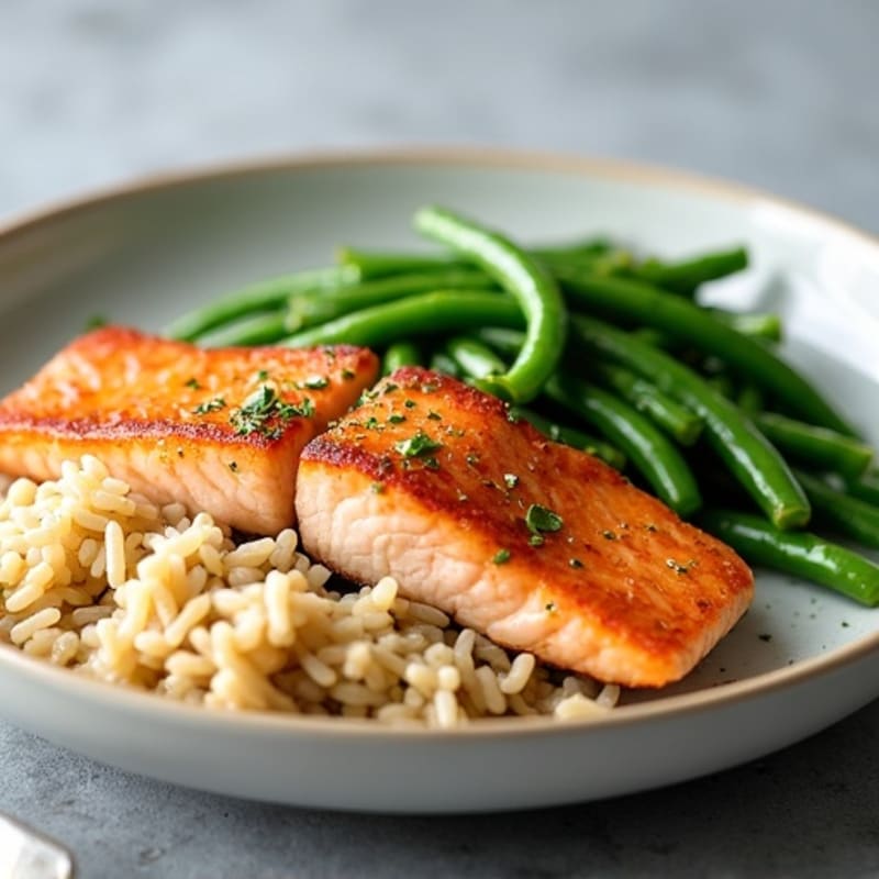 Seared Salmon with Garlic Green Beans and Brown Rice