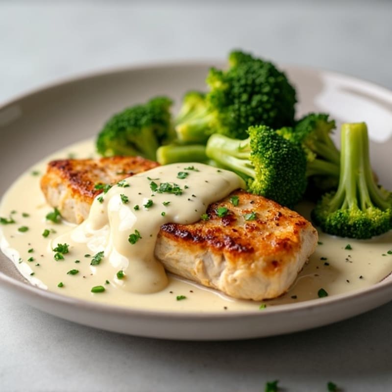 Pan-Seared Chicken with Creamy Cauliflower Alfredo Sauce and Roasted Broccoli