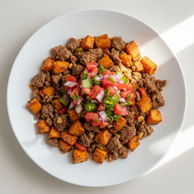 Lean Ground Beef and Sweet Potato Skillet with Pico de Gallo