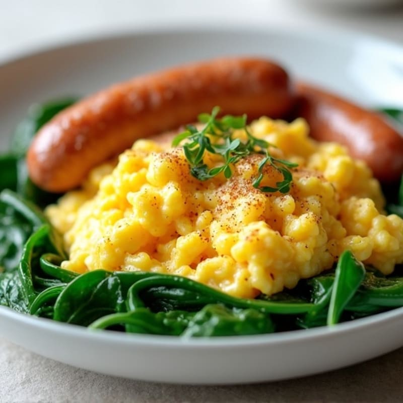 Egg White Scramble with Turkey Sausage and Sautéed Spinach