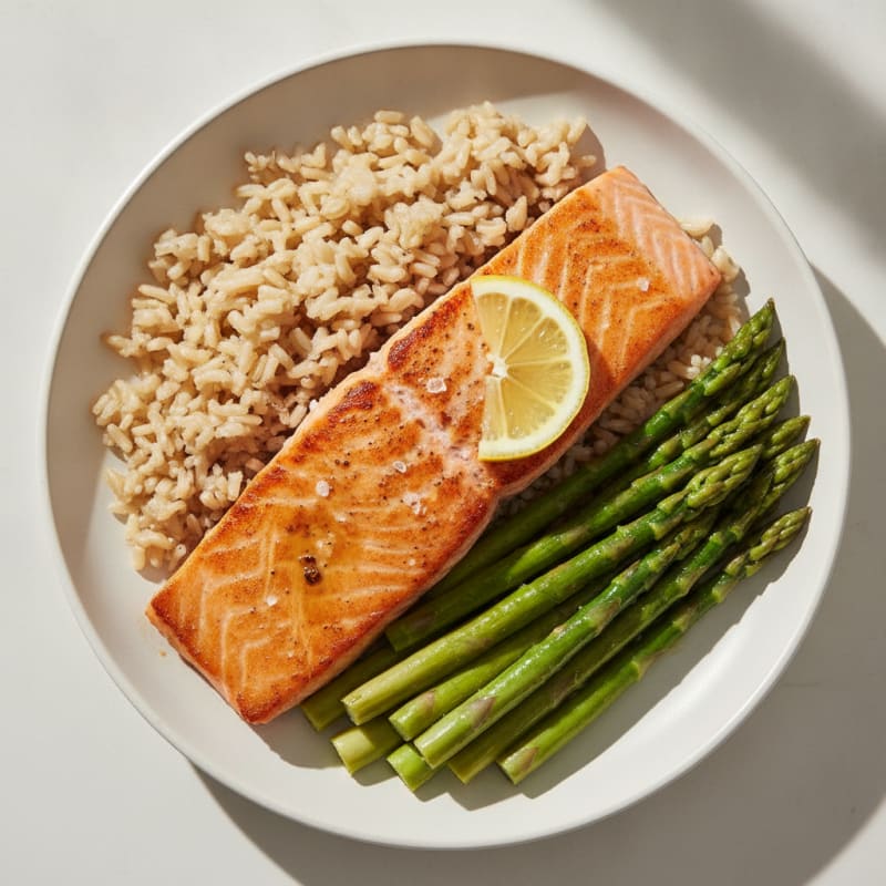 Seared Salmon with Steamed Asparagus and Brown Rice