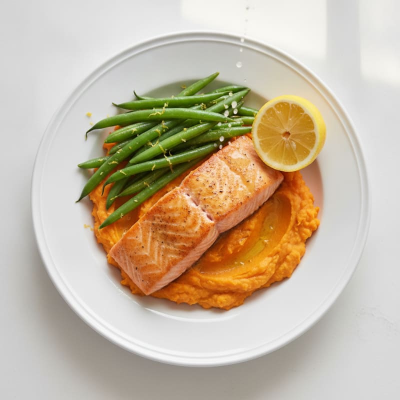 Seared Salmon with Steamed Green Beans and Mashed Sweet Potatoes