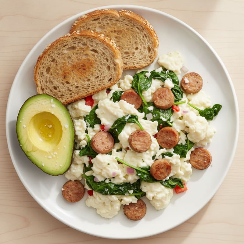 Egg White Scramble with Turkey Sausage and Spinach