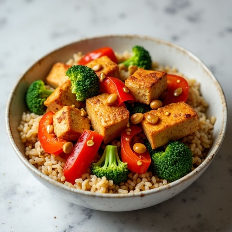 Crispy Peanut Tofu Stir-Fry with Brown Rice