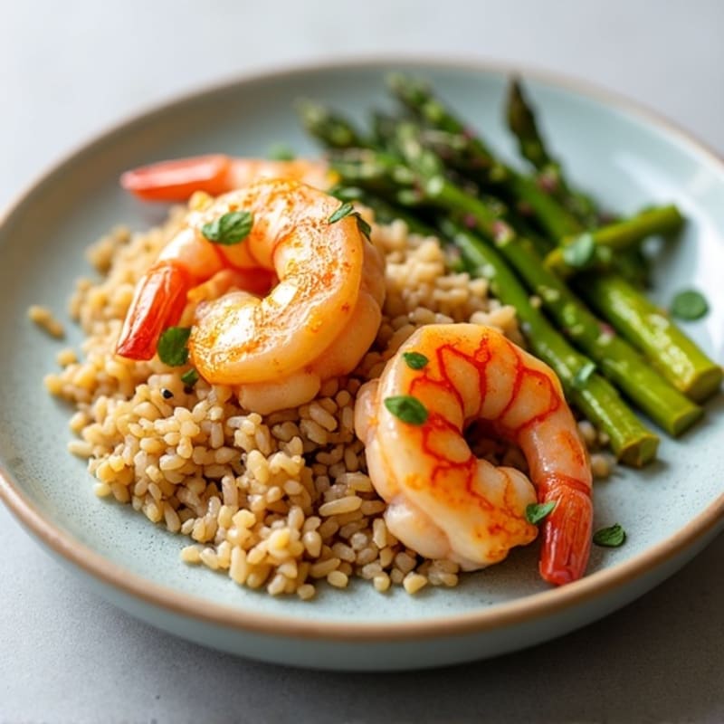Lemon Garlic Roasted Shrimp with Brown Rice and Roasted Asparagus