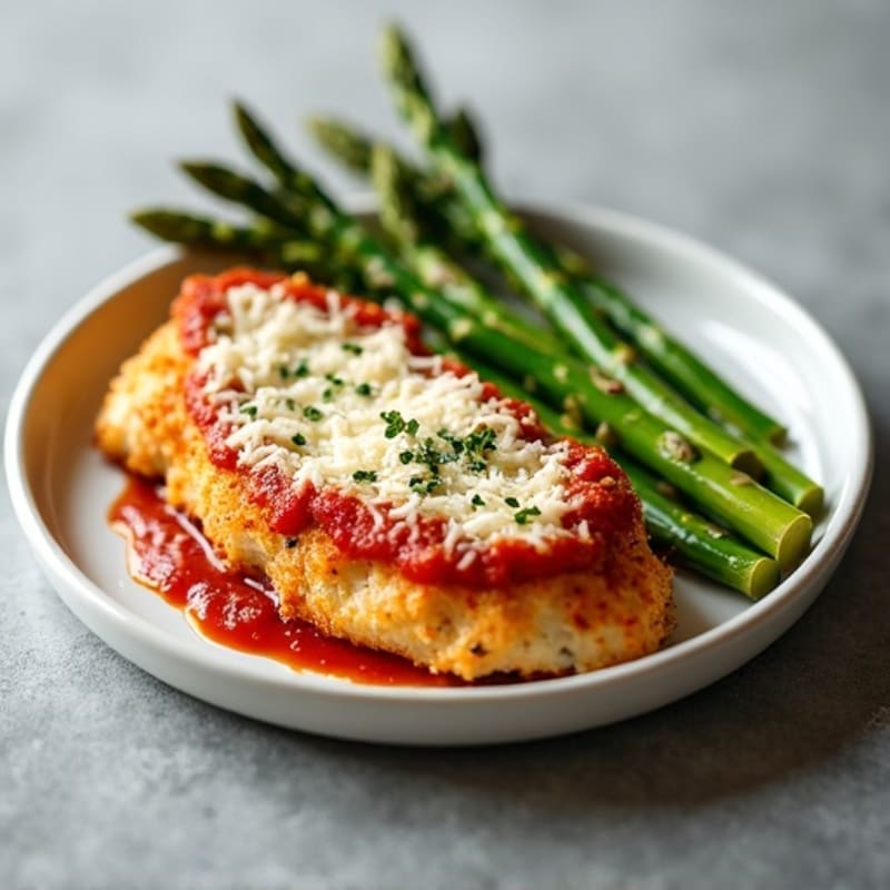 Healthy Crispy Baked Chicken Parmesan with Roasted Asparagus