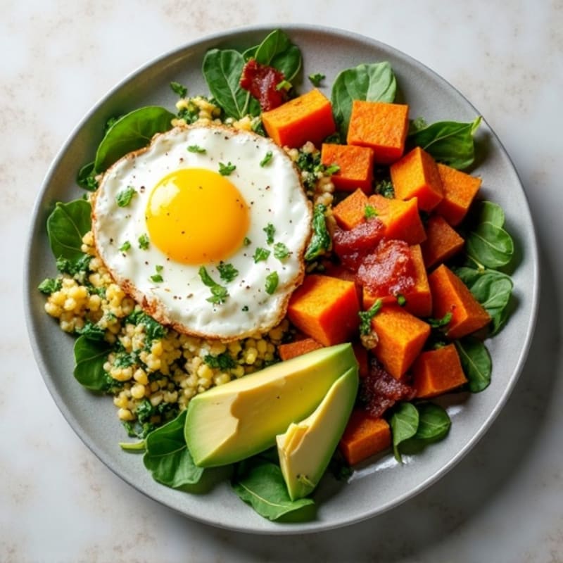 Egg White and Spinach Scramble with Turkey Bacon and Sweet Potato Avocado Medley