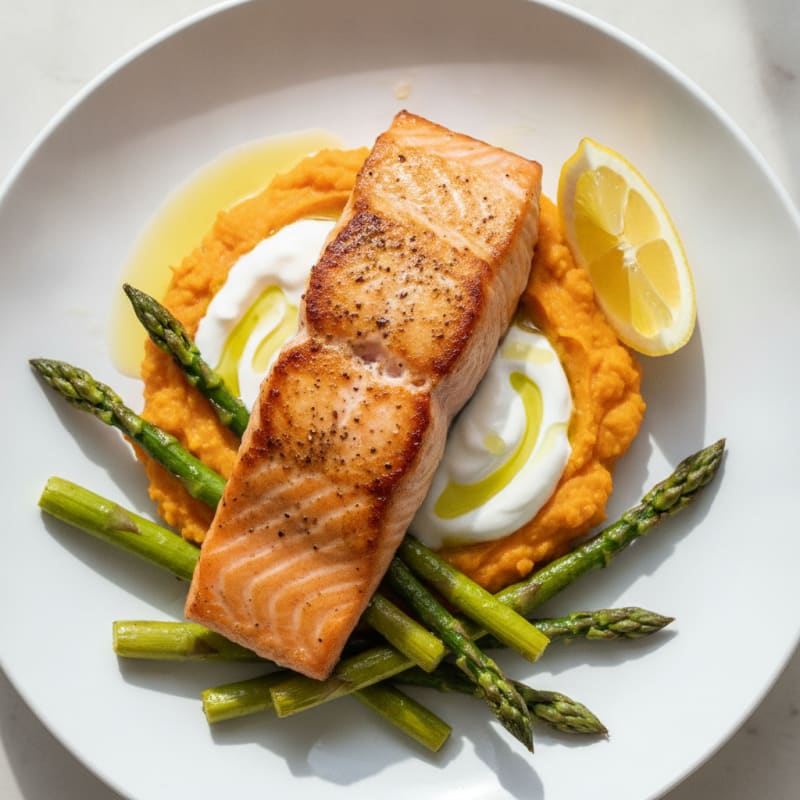 Seared Salmon Fillet with Roasted Asparagus and Sweet Potato Mash