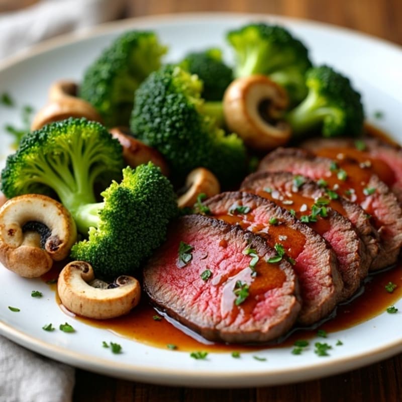 Seared Lean Beef with Roasted Broccoli and Garlic Mushrooms