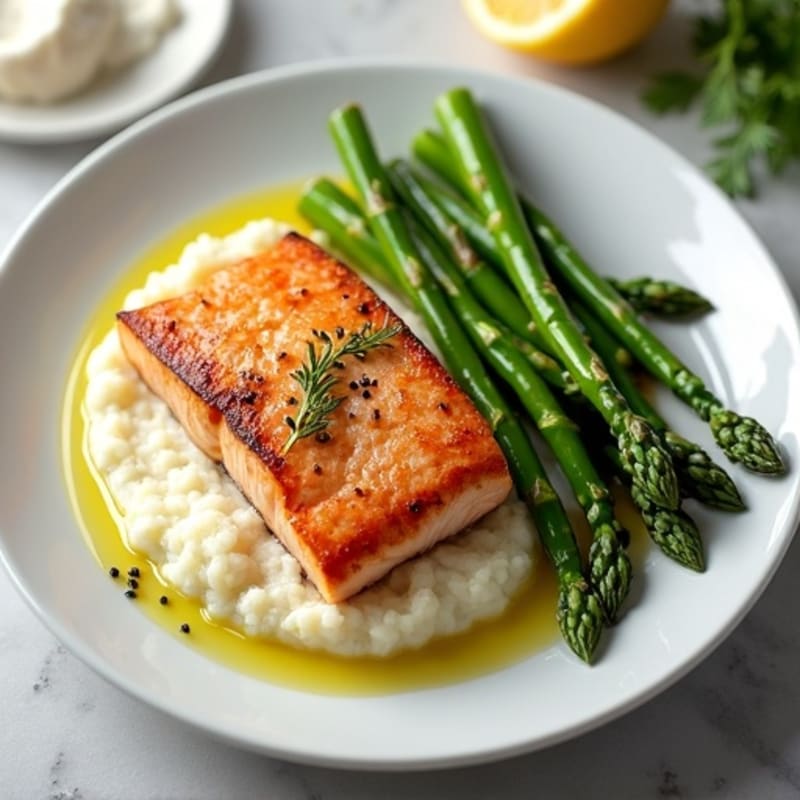 Seared Salmon with Steamed Asparagus and Cauliflower Mash