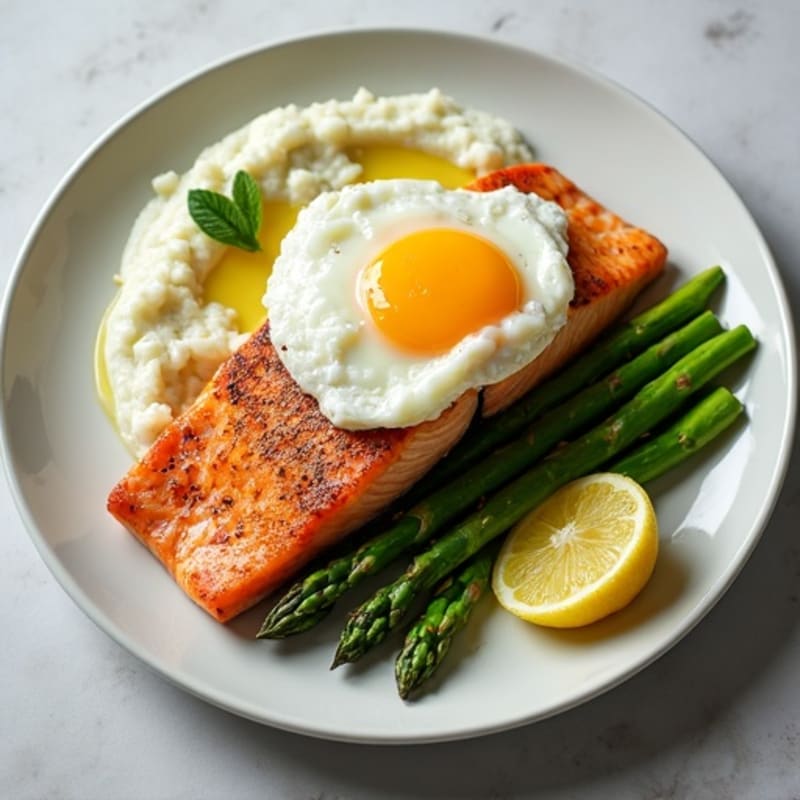 Seared Salmon with Steamed Asparagus and Cottage Cheese Mash