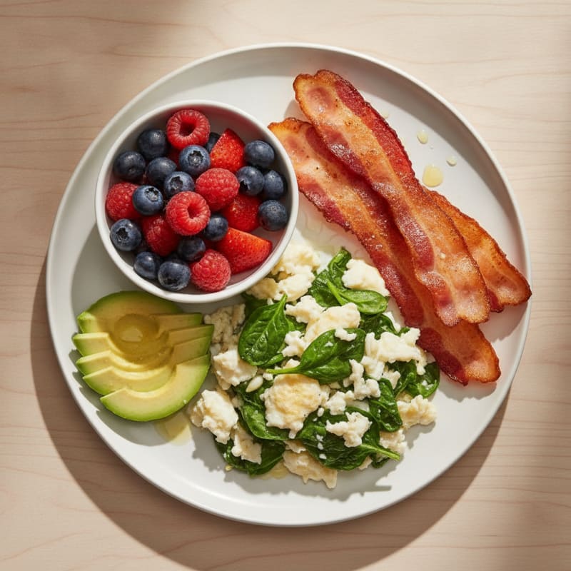 Crispy Turkey Bacon and Egg White Scramble with Berries