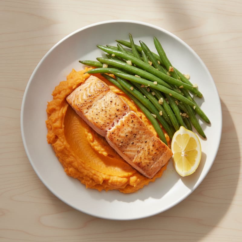 Seared Salmon Fillet with Garlic Green Beans and Sweet Potato Mash