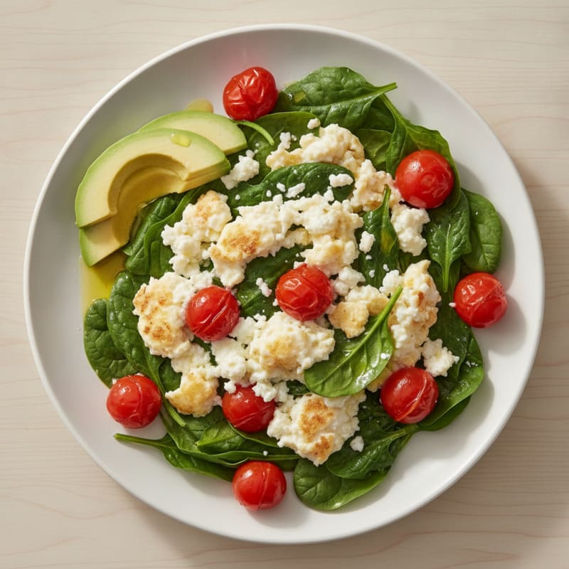 Cottage Cheese Scramble with Sautéed Spinach and Cherry Tomatoes