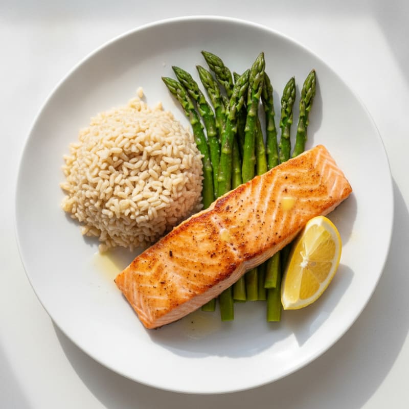 Seared Salmon Fillet with Steamed Asparagus and Brown Rice