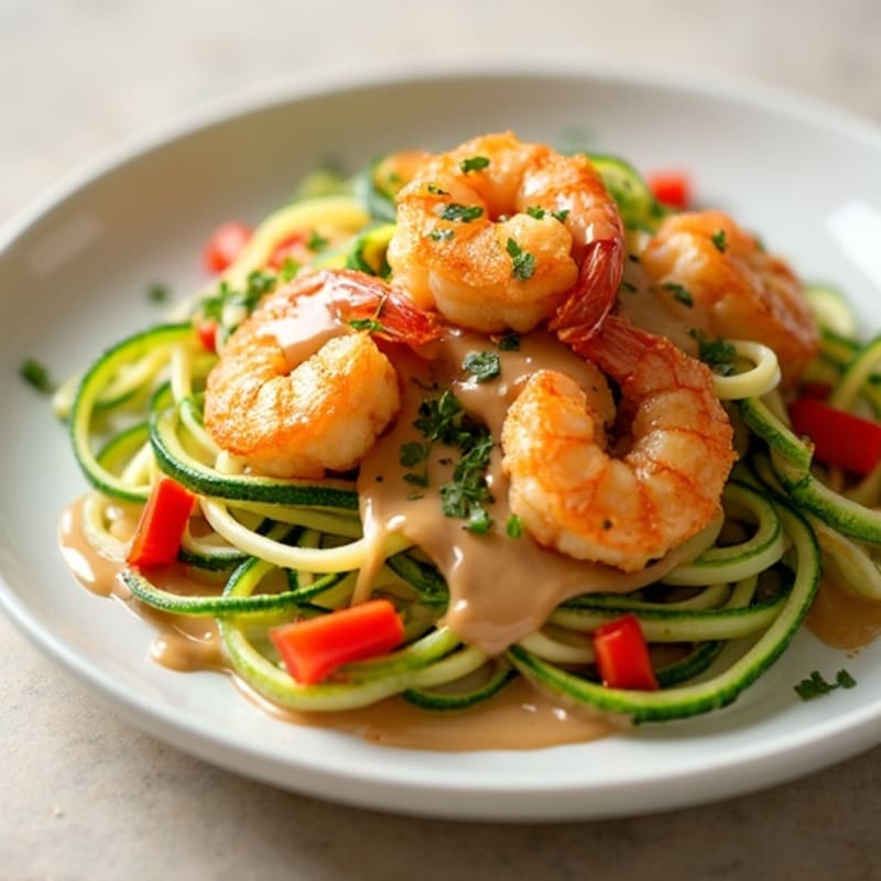 Crispy Shrimp with Creamy Peanut Sauce and Fresh Veggie Noodles