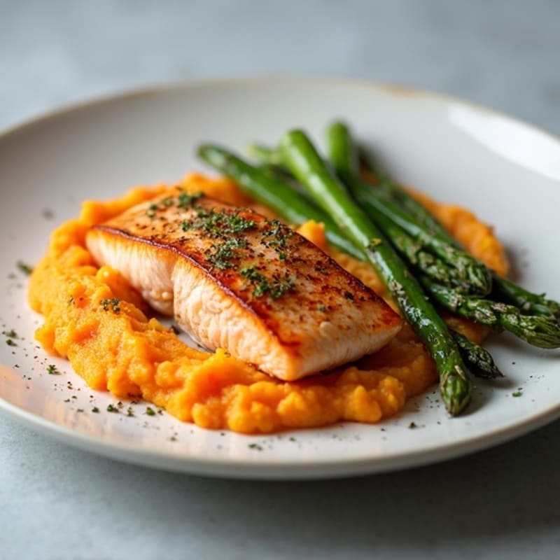 Seared Salmon with Roasted Asparagus and Sweet Potato Mash