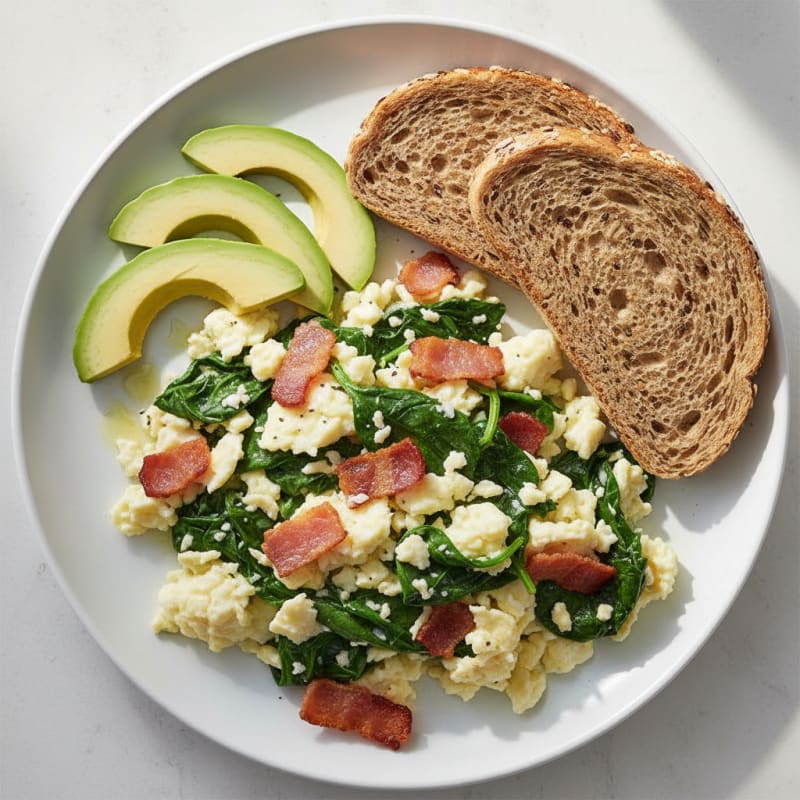Crispy Turkey Bacon and Egg White Scramble with Sautéed Spinach