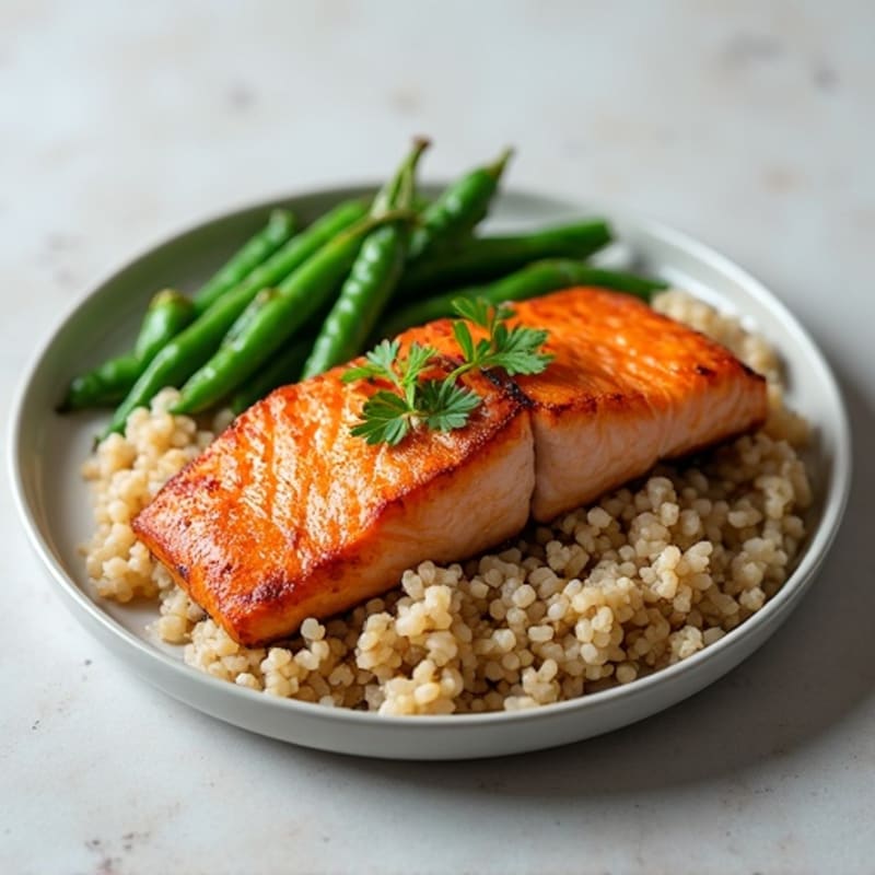 Seared Salmon Filet with Steamed Green Beans and Brown Rice